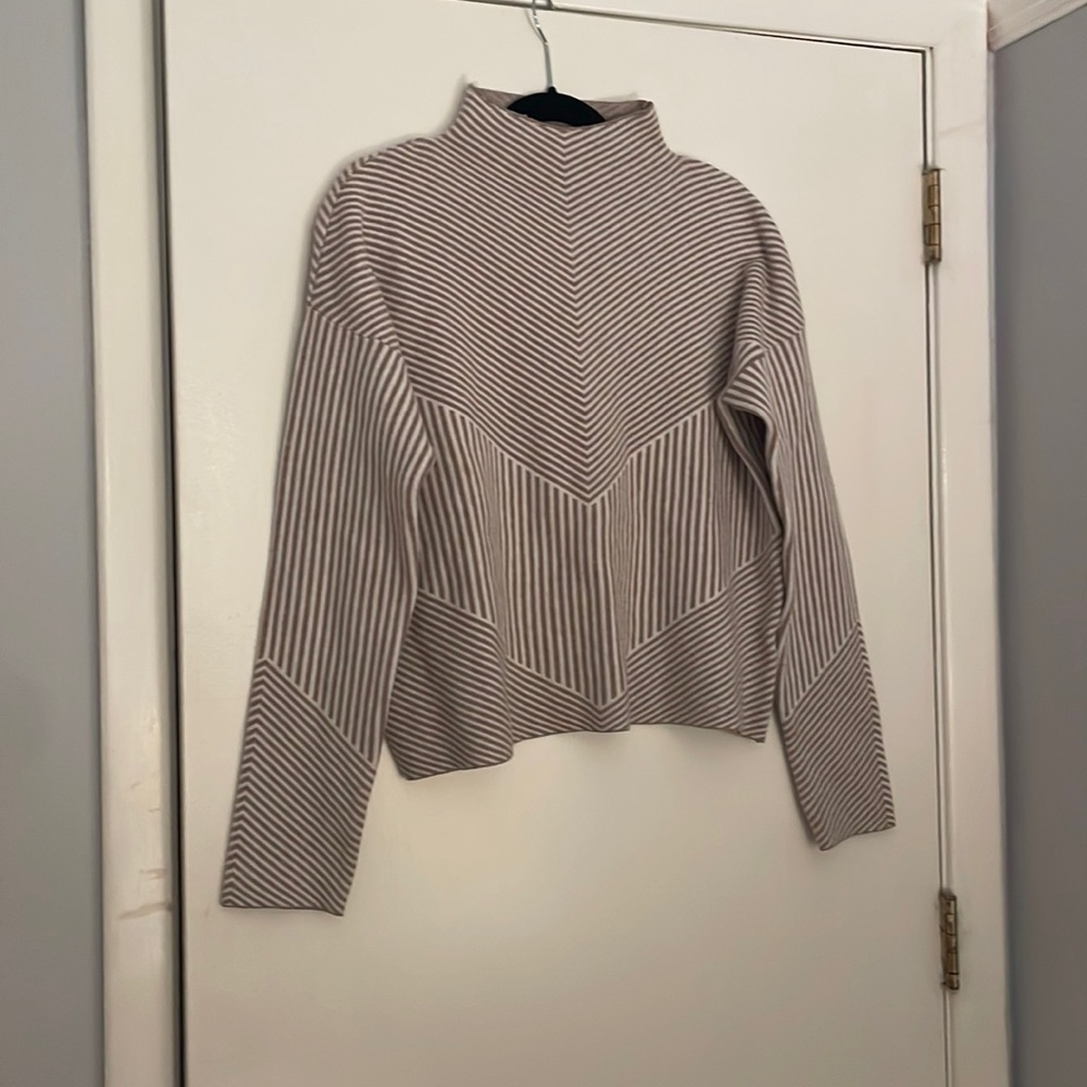 Tan and white striped cowl neck sweater, size large, never worn